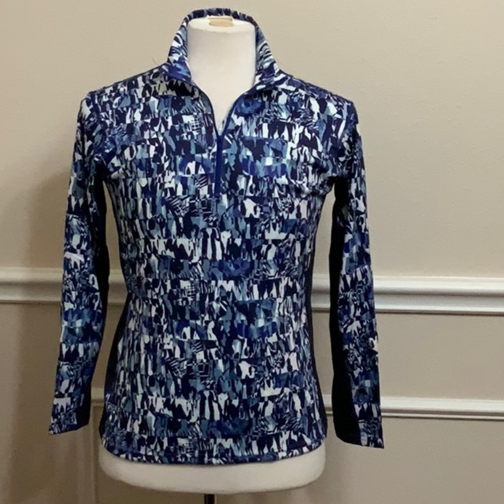 PMX ZIP MOCK NECK TOP- BLUE Liza Lyb Print